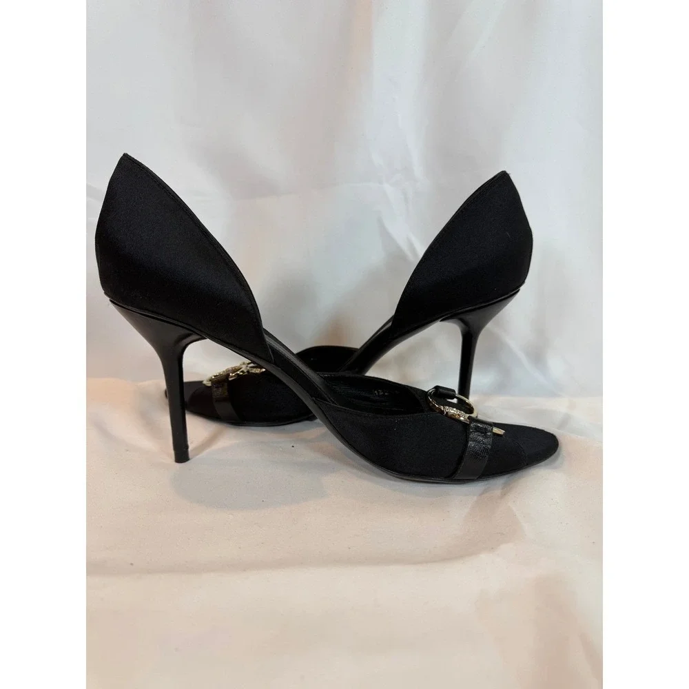 Gucci Black Satin Horsebit Crystal D'Orsay Open Toe Heels 9.5B Made in Italy